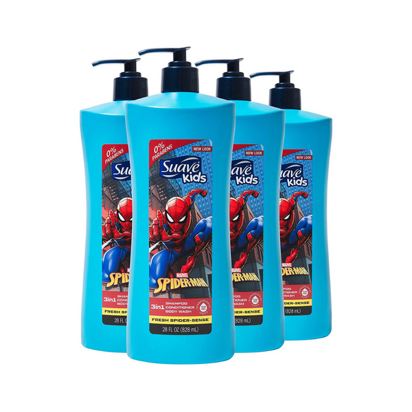 4 botellas de champú y acondicionador 3 en 1 Suave Kids Fresh Spider-Sense sin lágrimas