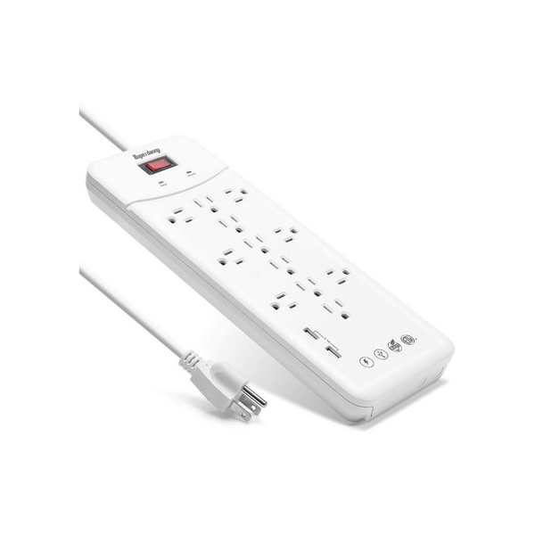 12 tomacorrientes de CA y 2 protectores contra sobretensiones USB