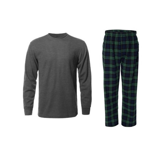 Men's Thermal Crew Neck & Fleece Plaid Pants Bundle