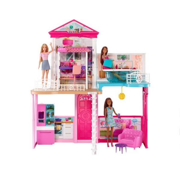 Juego de casa de muñecas y muebles Barbie con 3 muñecas