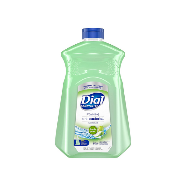 Jabón de manos espumoso antibacteriano completo Dial Fresh Pear, botella de repuesto de 52 oz