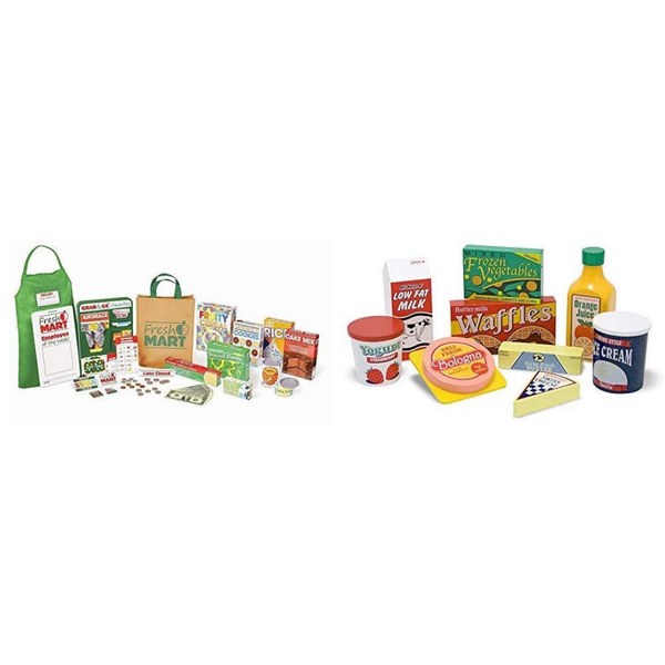 Melissa &amp; Doug Juego de madera para tienda de comestibles Fresh Mart y comida para refrigerador