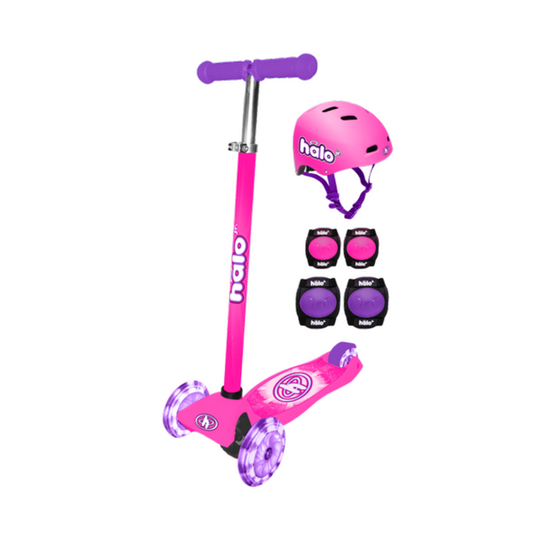 Combo de scooter de 3 ruedas con casco, rodilleras y coderas