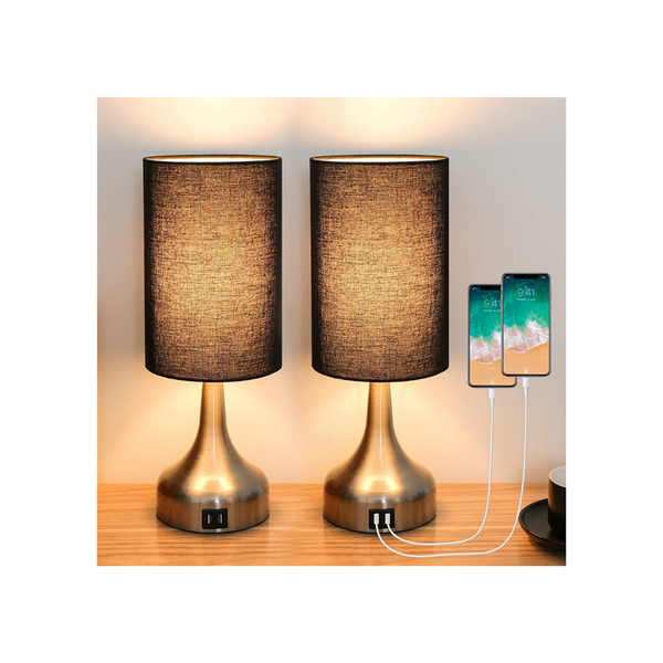 2 Dimmable Touch Control Table Lamps with Dual USB Charging Ports