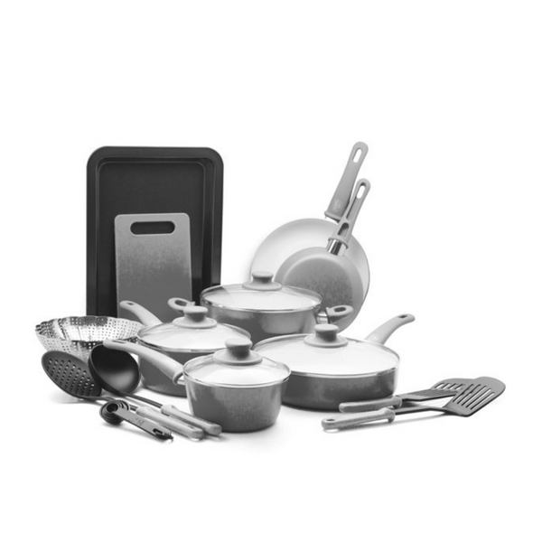 Juego de utensilios de cocina antiadherentes de cerámica con agarre suave GreenLife de 18 piezas