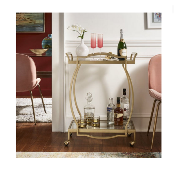 Weston Home Raven Gold Finish Clear Tempered Glass Metal Bar Cart