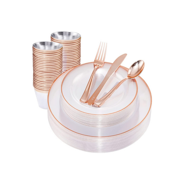 Setting Of 25 Rose Gold Plastic Dinner Plates, Dessert Plates, Cutlery, And Cups
