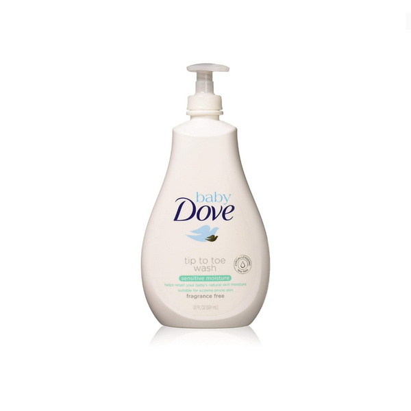 4 botellas de jabón y champú Baby Dove Sensitive Moisture de punta a punta