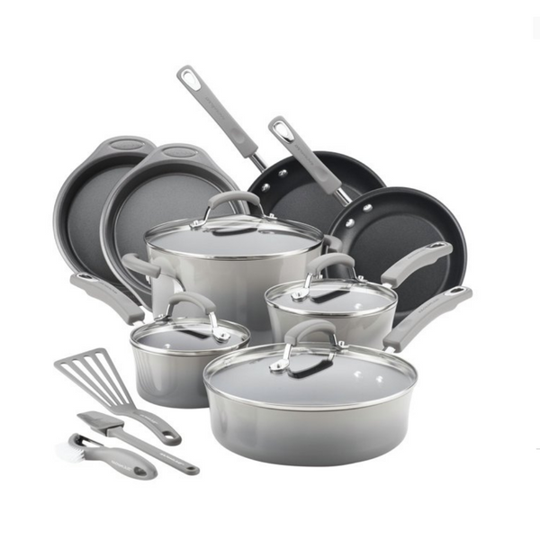 Rachael Ray 15-Piece Hard Enamel Aluminum Nonstick Cookware Set (3 Colors)
