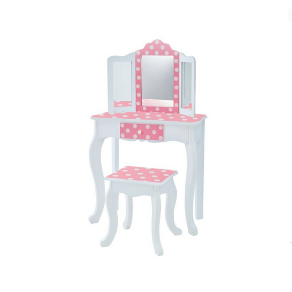 Kids Bedroom Vanity Set Makeup Desk W/ Tri-Fold Mirror & Chair
