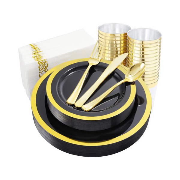 175 Piece Black And Gold Plastic Plates And Silverware Dinning Set