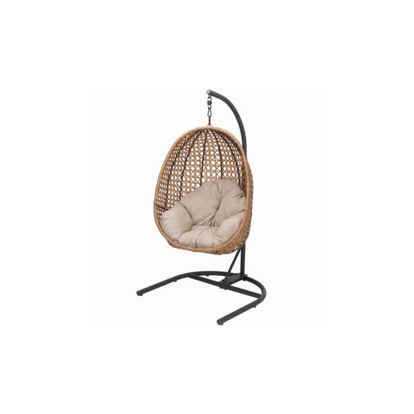 Wicker Hanging Chair with Stand and Beige Cushion