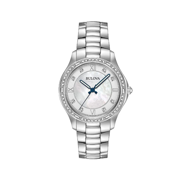 Reloj Bulova de acero inoxidable para mujer con cristales y esfera de nácar