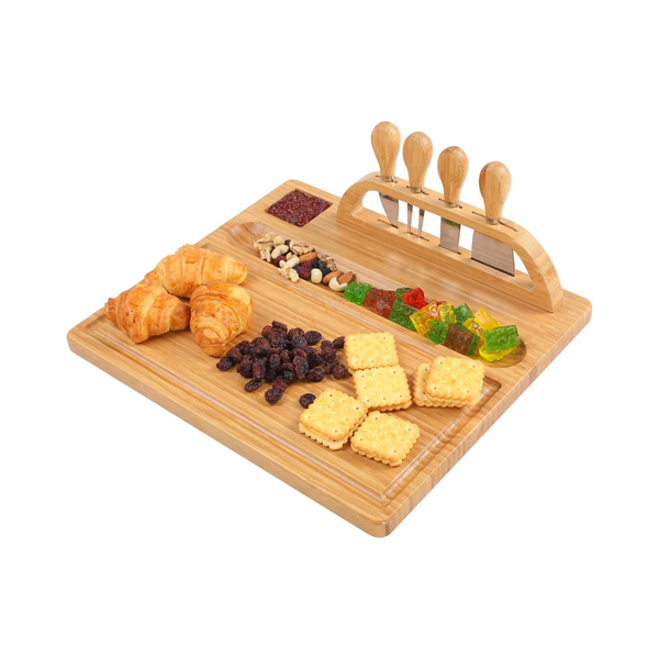 Tabla de quesos de bambú y bandeja para servir con juego de cuchillos