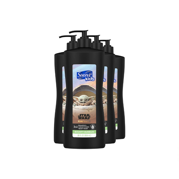 4 botellas de champú Suave Kids 3 en 1 para un baño sin lágrimas