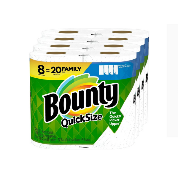 8 rollos familiares = 20 rollos regulares de toallas de papel Bounty Quick Size