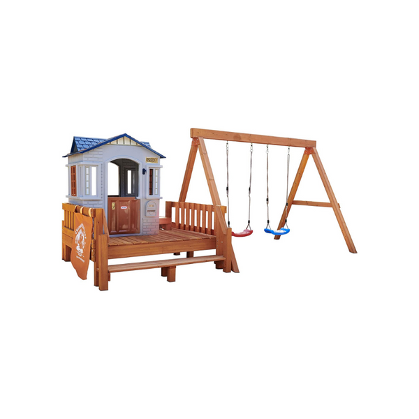 Outdoor Wooden Backyard Playset with Swing Set and Playhouse