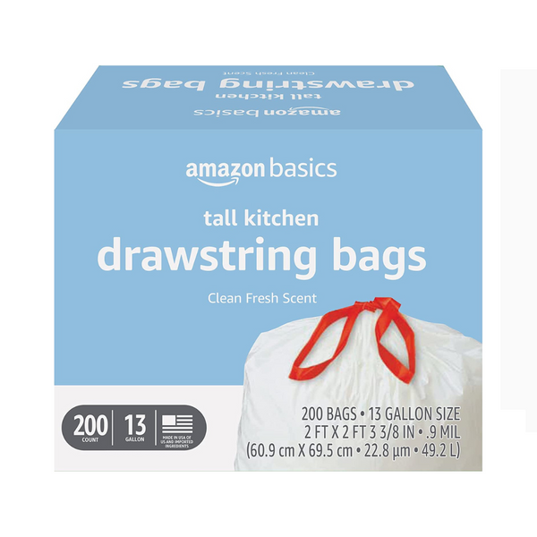 Paquete de 200 bolsas de basura con cordón para cocina, altas, de 13 galones, Amazon Basics