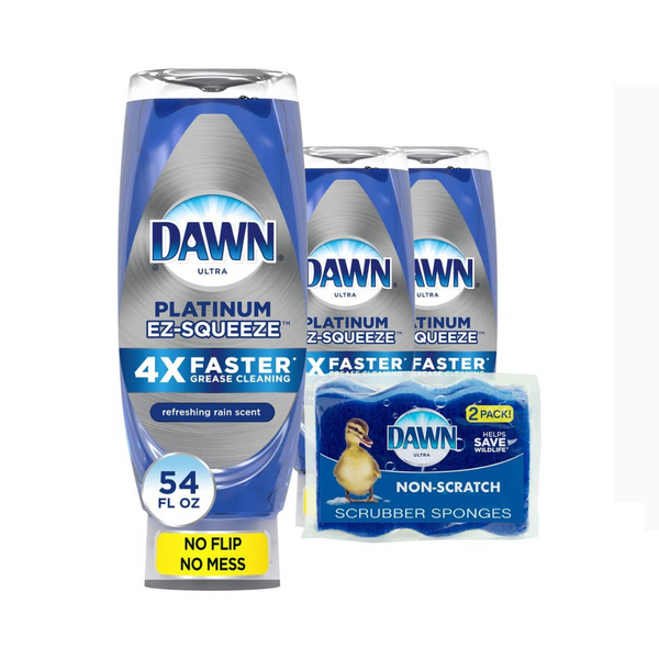Dawn Dish Soap EZ-Squeeze Platinum Líquido para lavar platos + esponjas que no rayan los platos