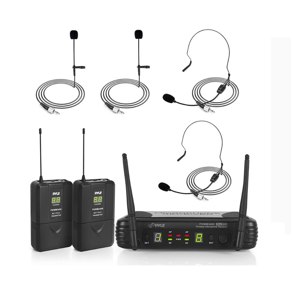 Pyle Sistema de micrófono inalámbrico de 2 canales, juego de micrófono de audio con 2 auriculares