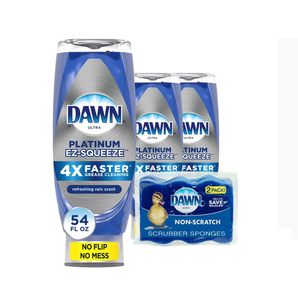 3 Bottles Dawn Dish Soap EZ-Squeeze Platinum Dishwashing Liquid + 2 Non-Scratch Sponges