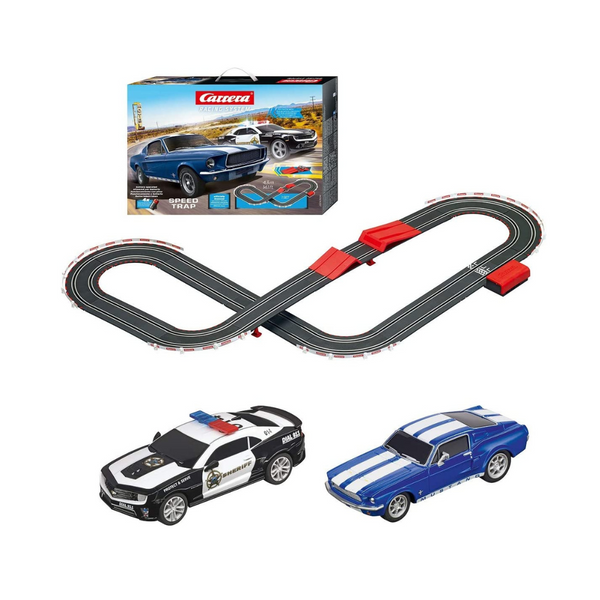 Carrera Speed ​​Trap - Juego de pistas de carreras para coches con ranura a escala 1:43, funciona con pilas
