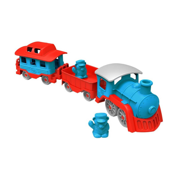 Tren de Green Toys, juego de té para dos y libro para la fiesta del té 