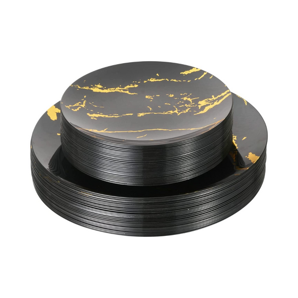 Platos de plástico negro y dorado de 60 piezas