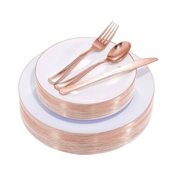 125-Pc White and Rose Plastic Plates & Cutlery