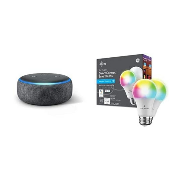 Echo Dot con paquete de 2 bombillas LED de colores inteligentes GE