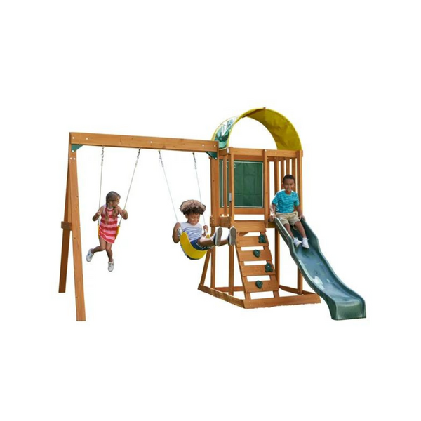 KidKraft Ainsley Wooden Outdoor Swing Set w/ Slide, Chalk Wall