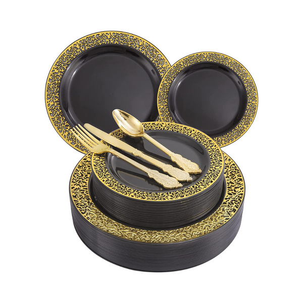 150-Pc Black with Gold or Clear with Gold Disposable Plate and Cutlery