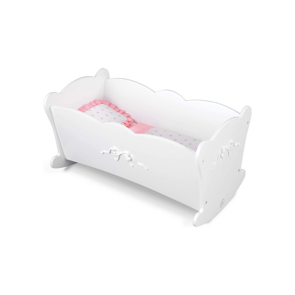 KidKraft Tiffany Bow Scalloped-Edge Wooden Lil Doll Rocking Cradle with Comforter, Pad and Pillow – White