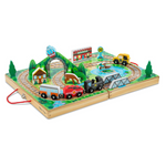 Melissa & Doug 17-Piece Wooden Take-Along Tabletop Railroad, 3 Trains, Truck,Play Pieces, Bridge