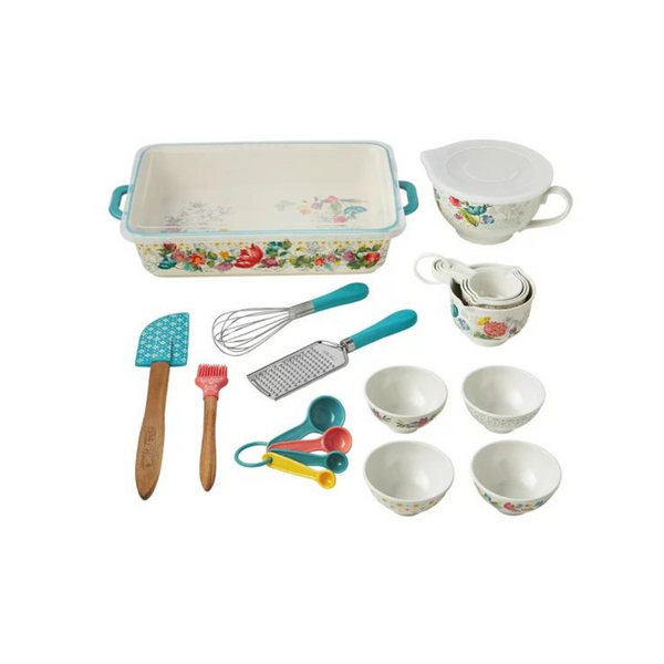 The Pioneer Woman Juego de preparación y horneado de 20 piezas con fuente para hornear y tazas medidoras