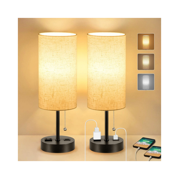 2 Pack Bedside Table Lamp with USB Charging Port & AC Outlet, 3 Color Levels