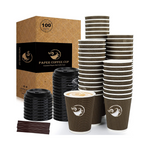 Paquete de 100 tazas de café desechables de papel de pared ondulado con tapas y pajita