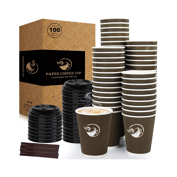 Paquete de 100 tazas de café desechables de papel de pared ondulado con tapas y pajita