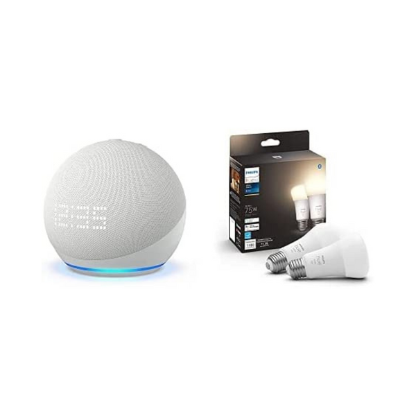 Echo Dot con reloj (5.ª generación) + paquete de 2 bombillas inteligentes Philips Hue