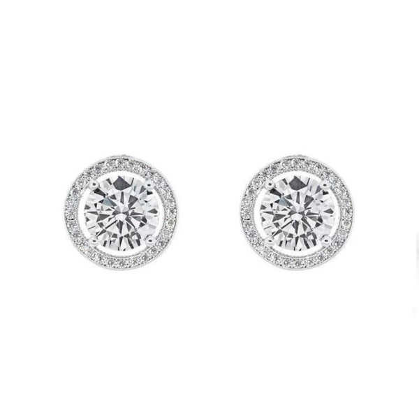 Aretes de oro blanco de 18 k con halo y circonitas cúbicas