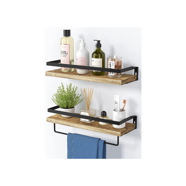 Set of 2 Amada Wood Wall Shelves w/ Metal Towel Bar (Light Brown, 40lb Capacity)