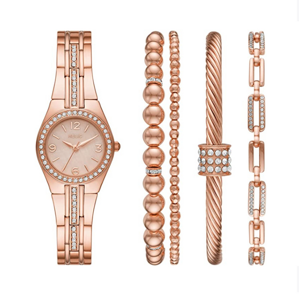 Queen's Court Set de regalo con reloj de metal en tono oro rosa y accesorios de pulsera