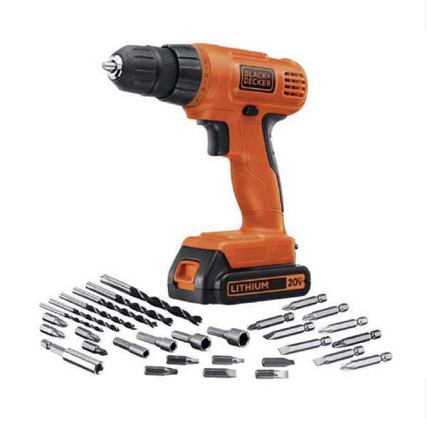 Taladro/destornillador Black+Decker de 20 V máx. con juego de herramientas de 30 piezas