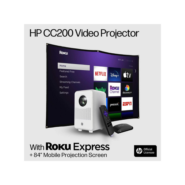 Proyector LED LCD HP CC200 FHD con reproductor de streaming Roku Express y pantalla de proyección móvil de 84"
