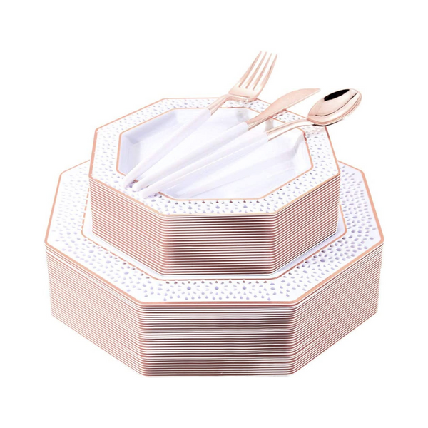 WELLIFE 150 Piece Gold Or Rose Gold Disposable Dinnerware Sets