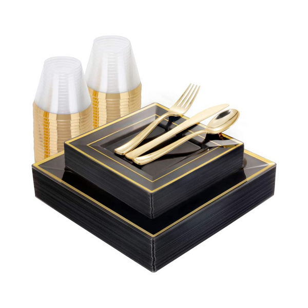 WELLIFE 150 Piece Clear Black Disposable Dinnerware Sets