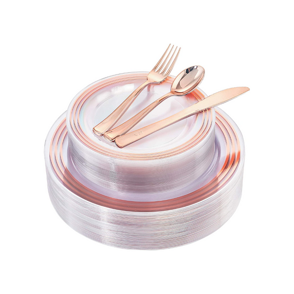 WELLIFE 200 Pieces Rose Gold Plastic Plates with Disposable Silverware