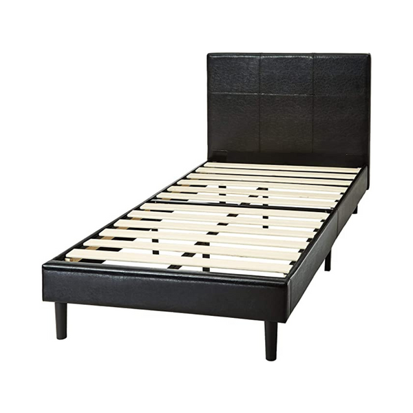 Amazon Basics Estructura de cama con plataforma tapizada en piel sintética y listones de madera