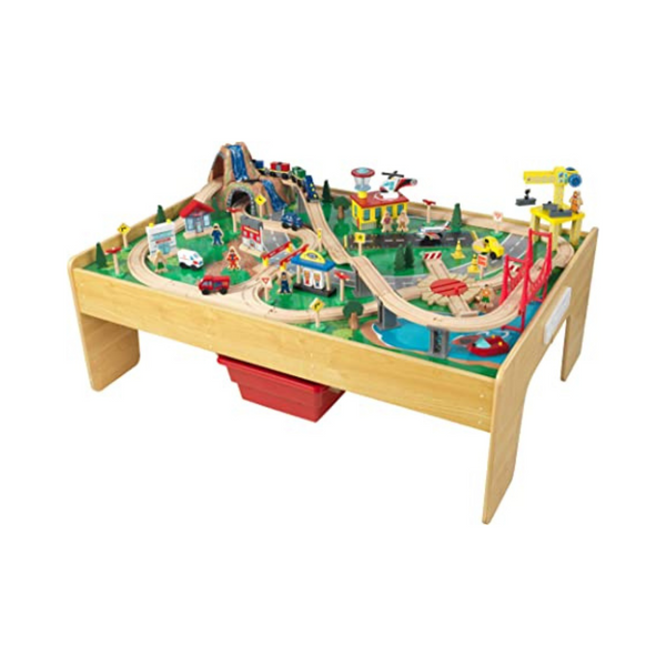 KidKraft Adventure Town Railway Juego de tren y mesa de madera con ensamblaje EZ Kraft