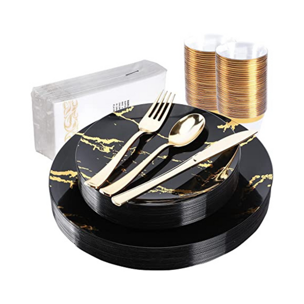 210 PCS Serves 30 Black Plastic Plates with Gold rim & Gold Silverware